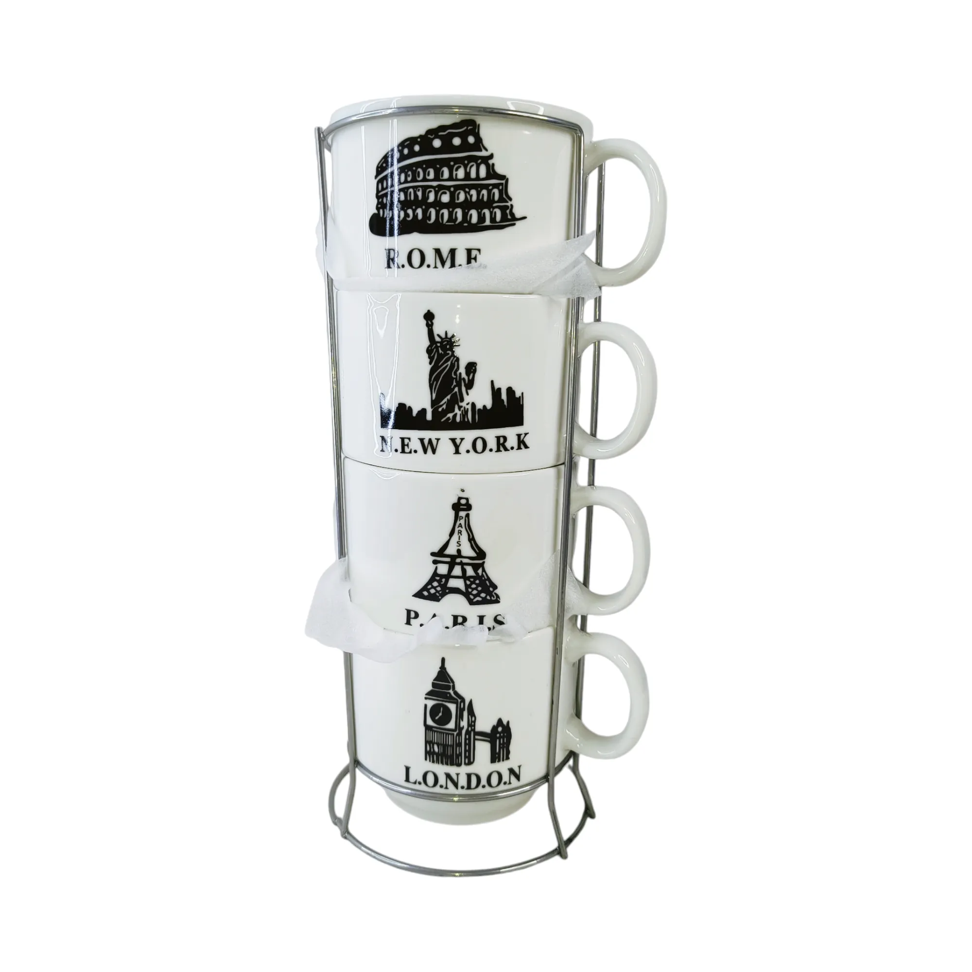 Set de Tazas Apilables Ciudades del Mundo con Soporte Metálico