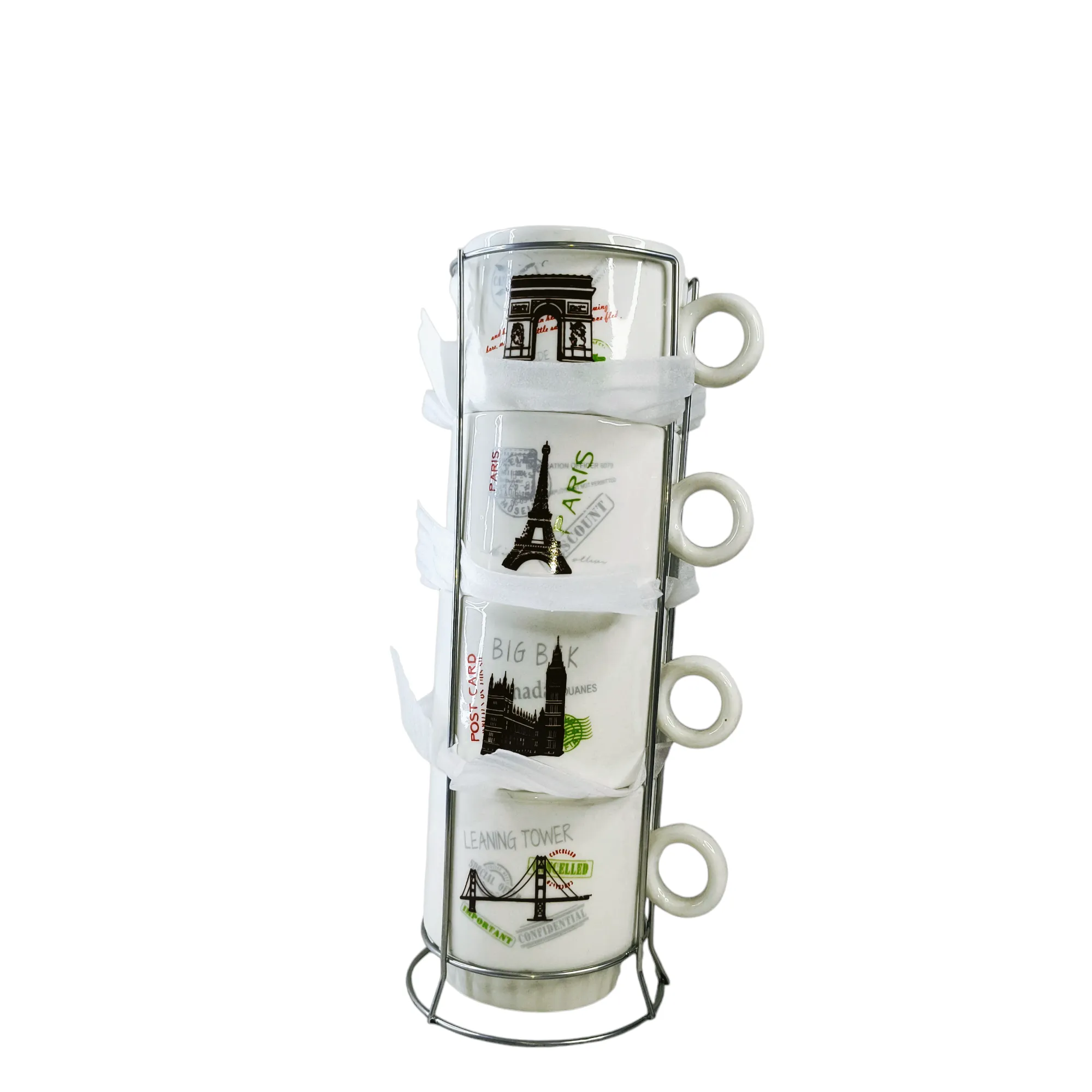 Set de Tazas Apilables Monumentos del Mundo con Soporte Metálico